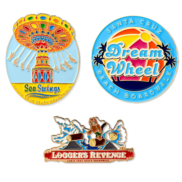 Boardwalk Enamel Pin Set: Sea Swings, Dream Wheel, Logger's Revenge