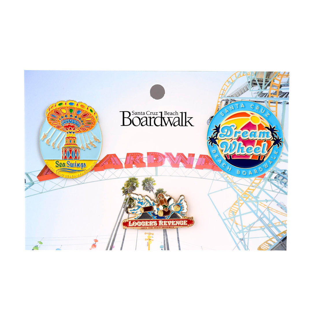 Boardwalk Enamel Pin Set: Sea Swings, Dream Wheel, Logger's Revenge