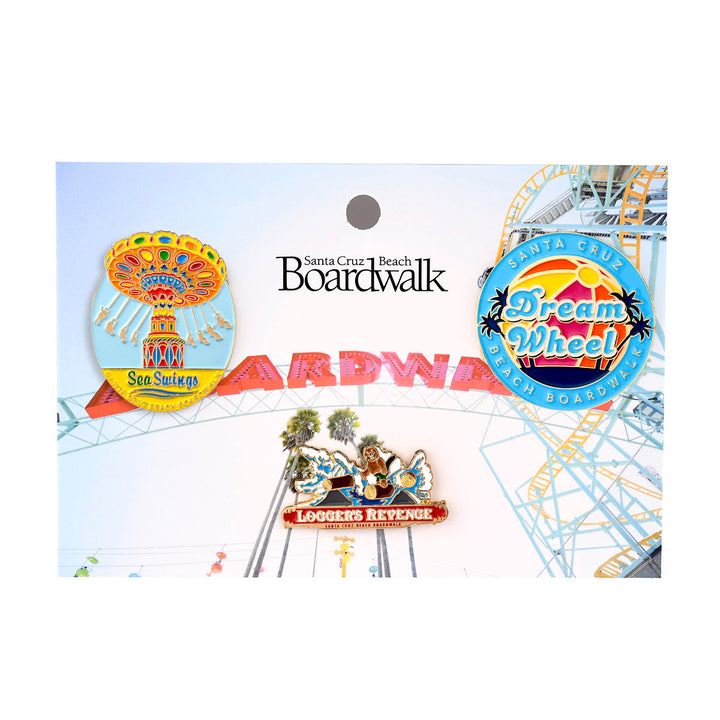 Boardwalk Enamel Pin Set: Sea Swings, Dream Wheel, Logger's Revenge