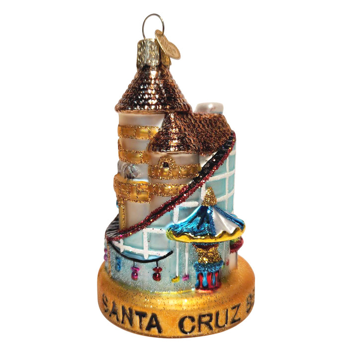 Santa Cruz Beach Boardwalk ornament showing Sky Glider, Sea Swings, Haunted Castle